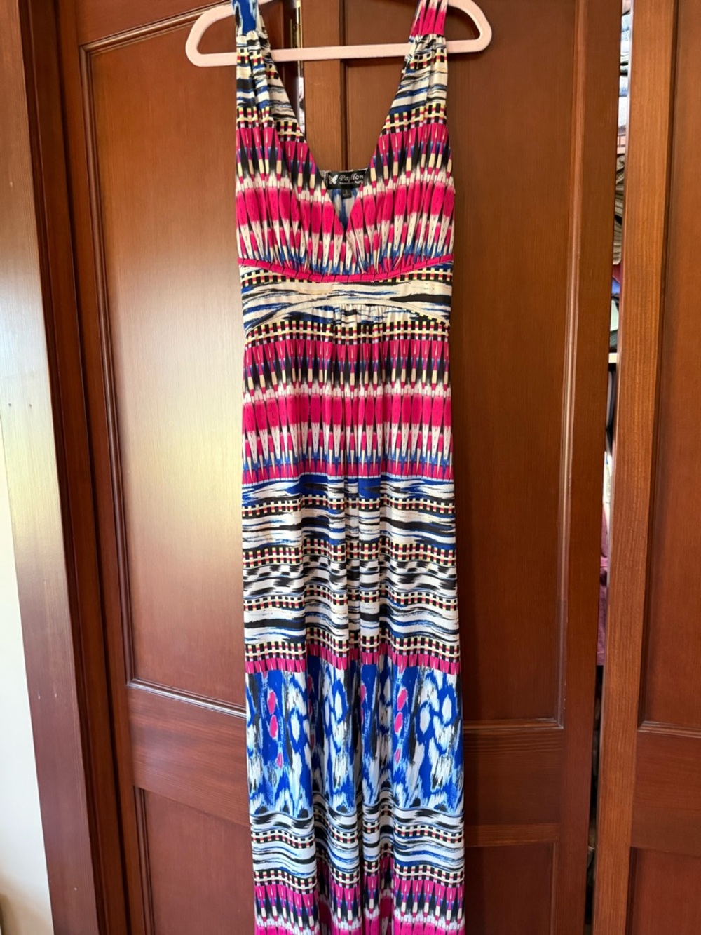 Papillon Printed V-Neck Maxi Dress in Pink and Blue